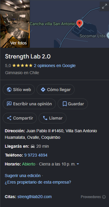 Ficha de Strength Lab 2.0 en Google con 5,0 estrellas, dirección y horario